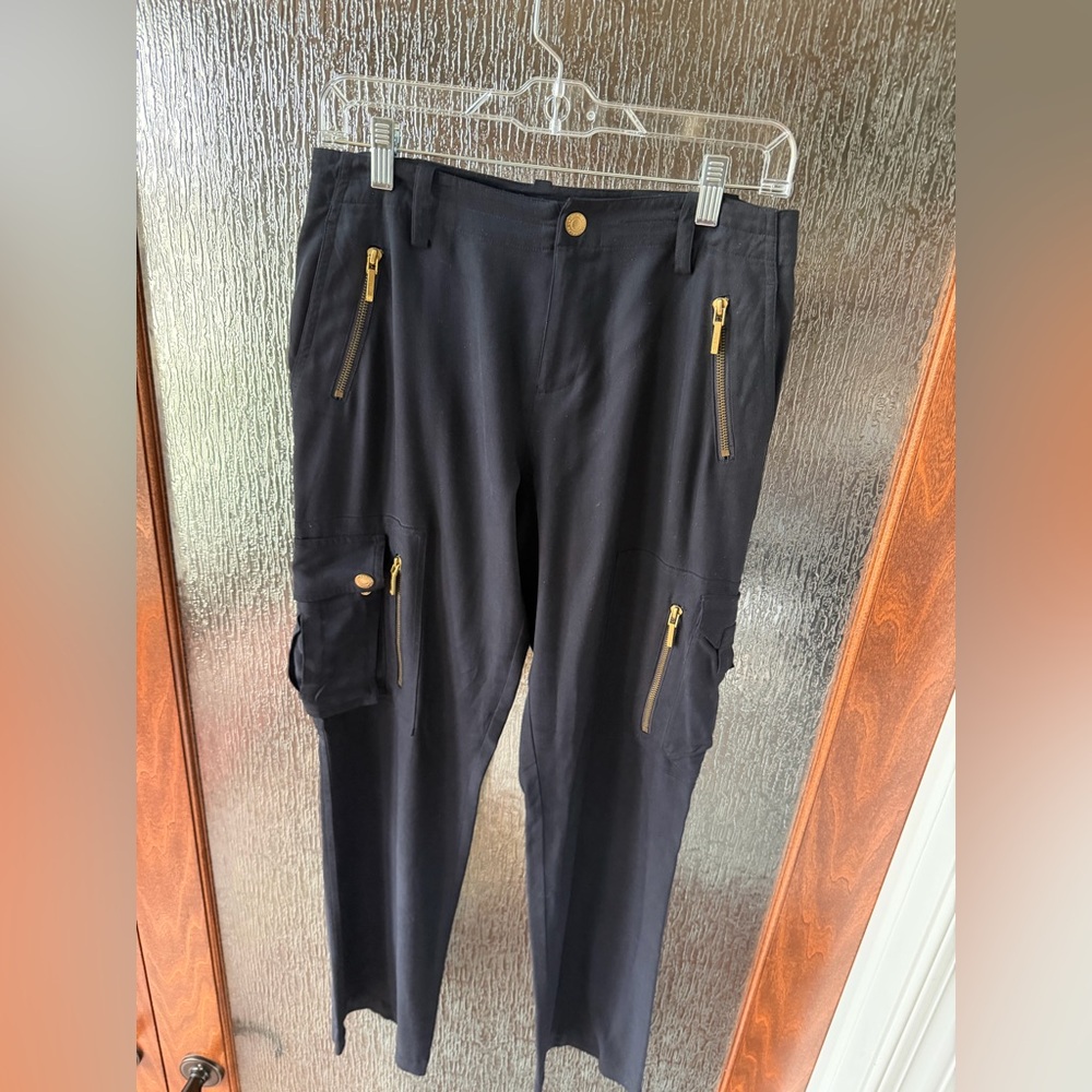 Lauren Ralph Lauren 100% Silk Black Cargo Trousers with Gold Zippers
